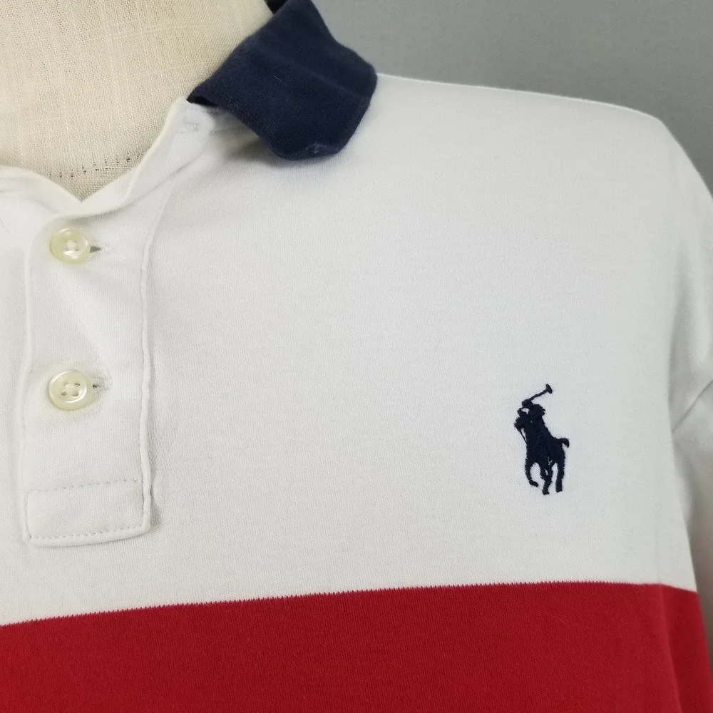 Polo Ralph Lauren Polo Men L White Red Navy Colorblock Stripe Short Sleeve Shirt